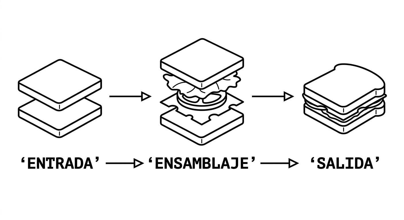 Un algoritmo visto como una receta: ENTRADA (ingredientes) → ENSAMBLAJE (instrucciones) → SALIDA (resultado)