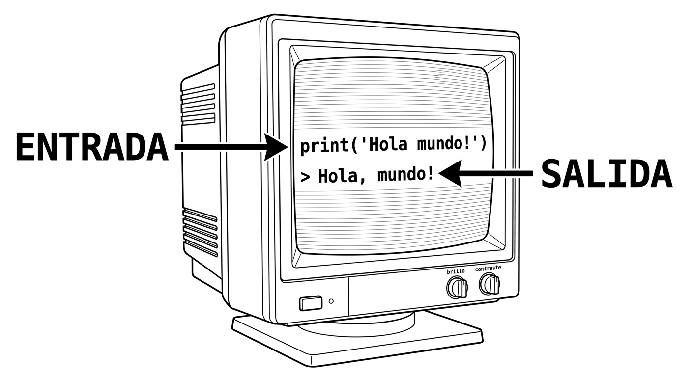 Un monitor retro muestra cómo el código ENTRADA (print) produce una SALIDA visible en pantalla