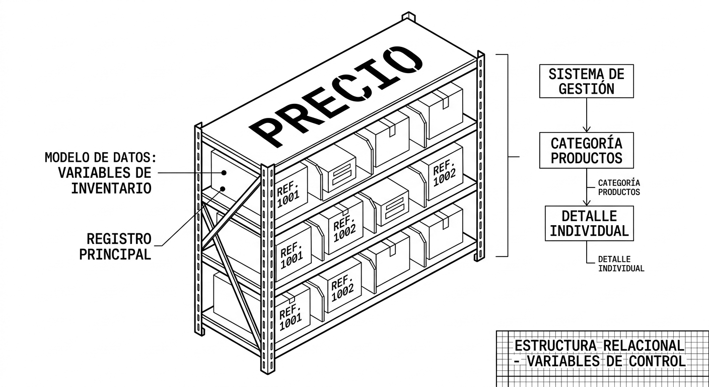 Estante del almacén con cajas etiquetadas: nombre (identificador), contenido (valor) y tipo de caja (tipo de dato)