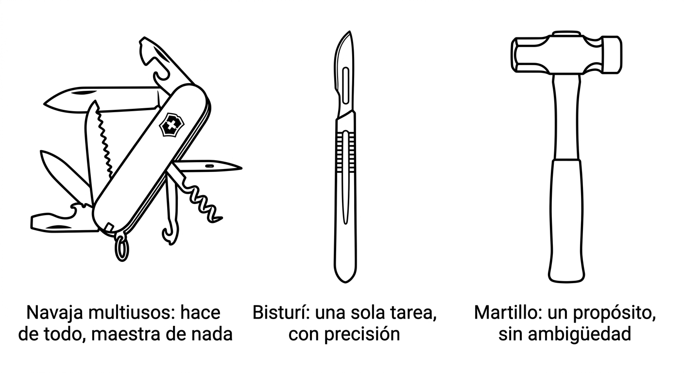 Una función es una herramienta para un solo trabajo: la navaja multiusos hace de todo y nada bien, mientras el bisturí y el martillo cumplen un único propósito con precisión