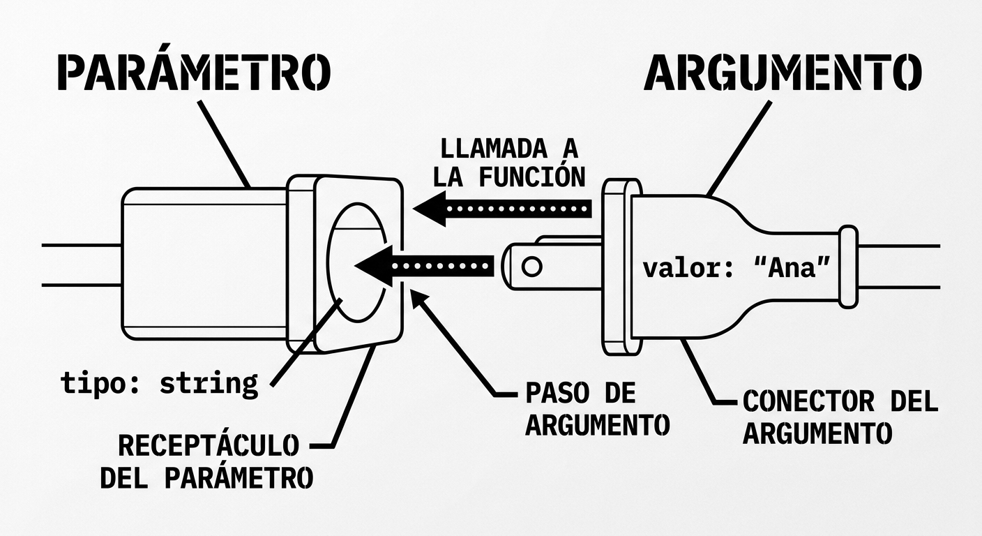 Conector eléctrico: el PARÁMETRO (receptáculo, tipo: string) recibe el ARGUMENTO (conector, valor: ‘Ana’). Así fluyen los datos de la llamada a la definición