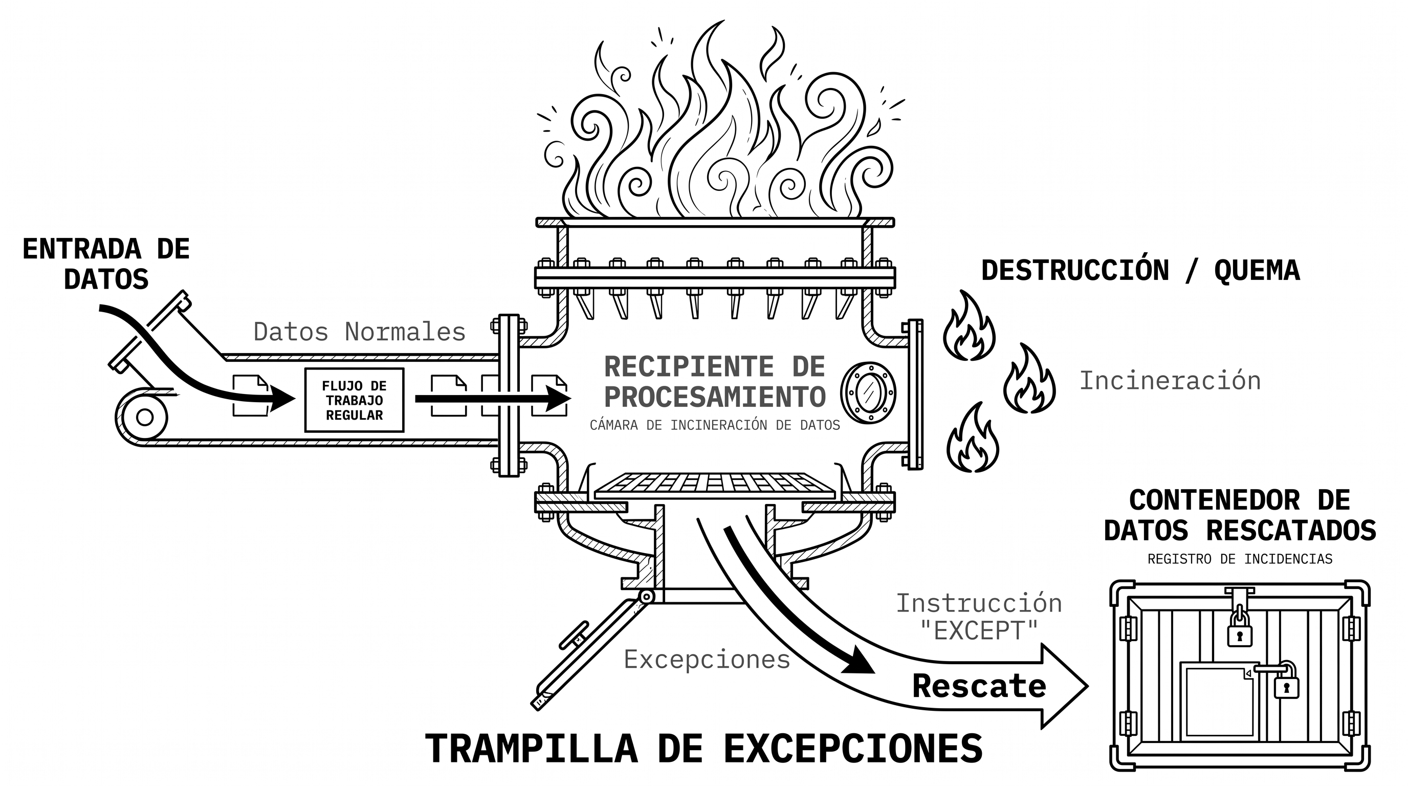 Recipiente de procesamiento en llamas con trampa de excepciones: los errores se redirigen al contenedor de datos rescatados