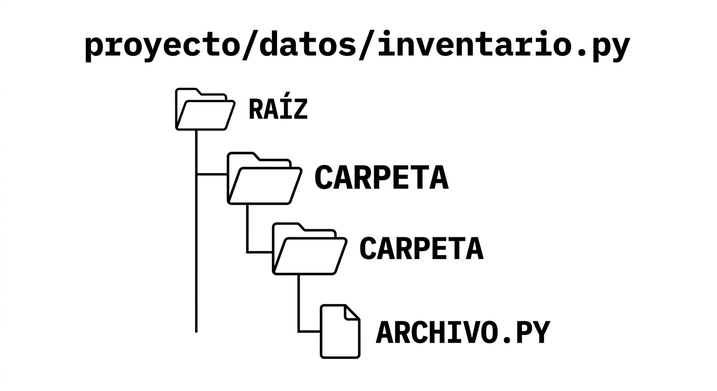 Árbol de directorios: RAÍZ → CARPETA → CARPETA → ARCHIVO.PY: la ruta completa aparece como proyecto/datos/inventario.py